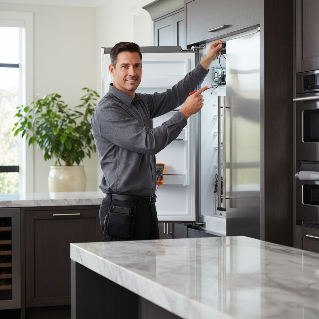 Professional Samsung appliance repair technician inspecting a refrigerator